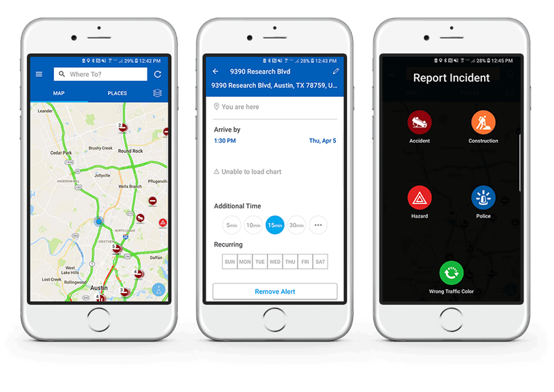 INRIX traffic map and GPS mobile app screens